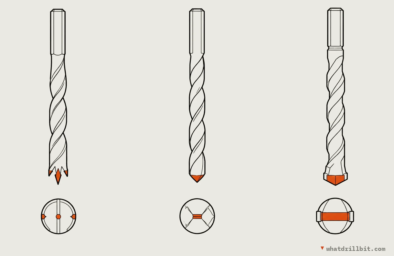 Three drill bits drawn side by side, each with an end view below. Wood brad point: a sharp centre spike ahead of two small spurs at the rim. Metal twist bit: a shallow cone point with a chisel edge at the centre. Masonry bit: a roof-shaped carbide plate set across the tip, slightly wider than the body.